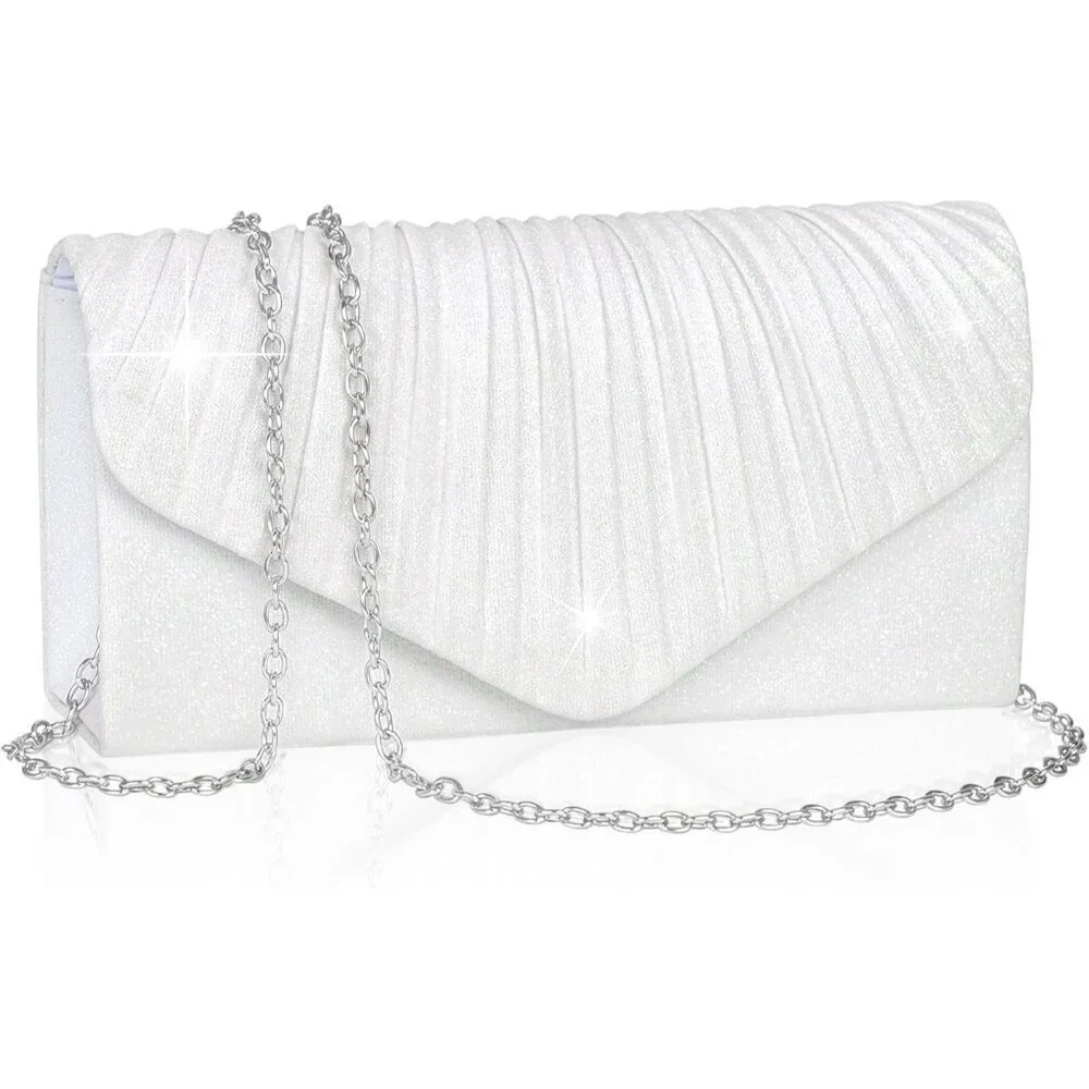 White Clutch Purse for Women Sequined Envelope Evening Bag with Chain